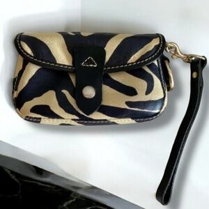 Dooney and Bourke Leather Clutch Snap Wristlet Zebra Print Blue Duck Vintage
